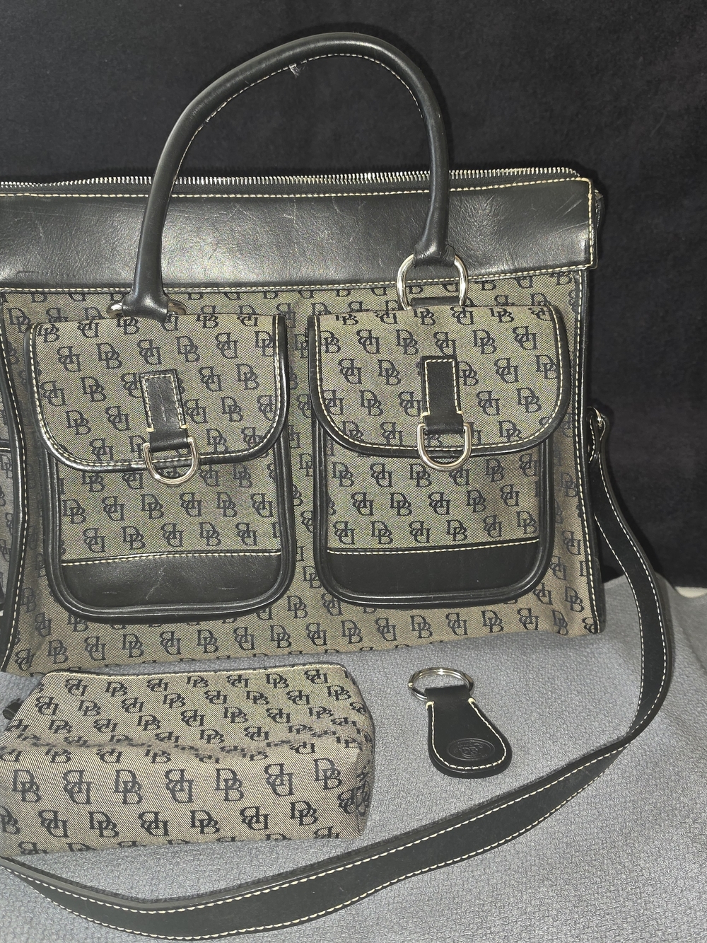 Dooney & Bourke Black And GREY Canvas Handbag Interior with Pouch And Key Chain